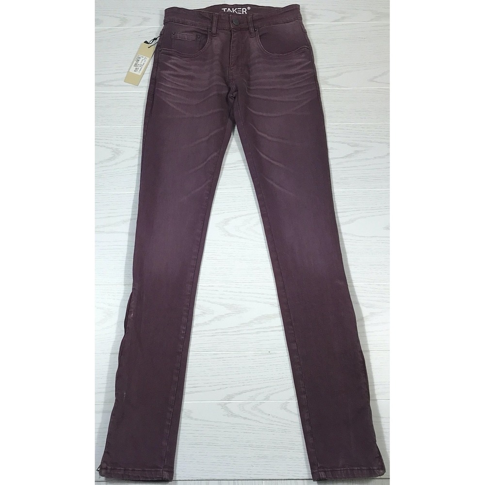 Taker Skinny Jeans Men 30x36 Purple Ankle Zip Stacked Moto Grunge Stretch New